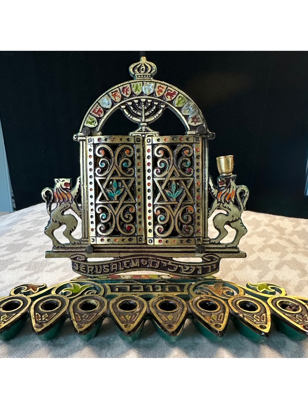 Vintage Israel Hanukkah Menorah Judaica Lions Judah 10 Commandments Jerusalem